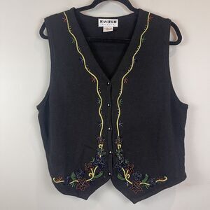 Vtg Joan Leslie Christmas Sweater Vest Black Beaded Floral Large Festive Holiday